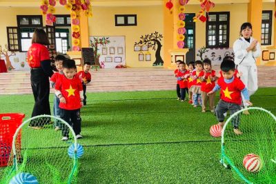 HOẠT ĐỘNG PHÁT TRIỂN VẬN ĐỘNG CHO TRẺ LỚP C3 “CHUYỀN BẮT BÓNG HAI BÊN THEO HÀNG NGANG” KẾT HỢP TRÒ CHƠI “ĐÁ BÓNG VÀO GÔN”